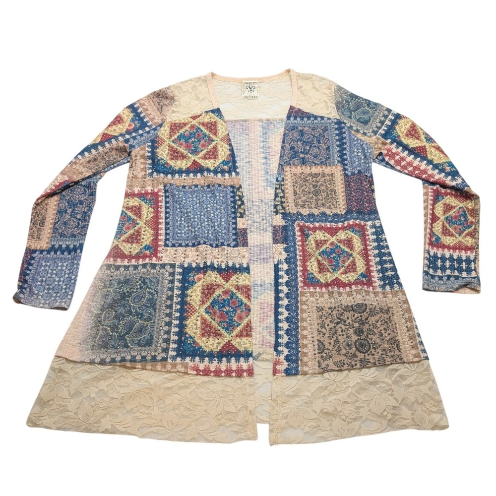 Vocal Cardigan Womens Large Blue Patchwork Lace Trim Open Front Boho Layer